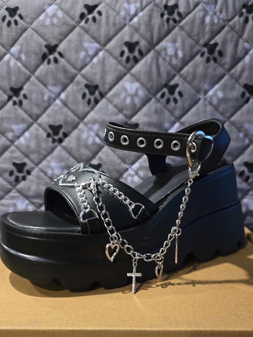 Chunky Black Platform Sandals with Silver Charm Chains